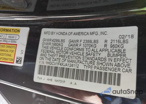 2018 Honda Accord Ex из США, поврежденный, VIN 1HGCV1F4XJA124112